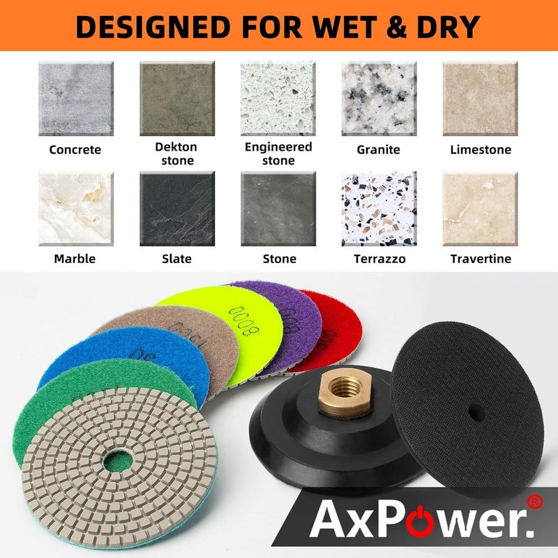 AxPower 13 Packs 4 Inch Diamond Polishing Pads with 5/8’’-11 Backer Pad 12PCS Wet/Dry Polish Pad Kit for Drill Grinder Polisher 50-8000 Grit Pads for Granite Marble Concrete Stone Countertop Quartz Polishing - Image 5